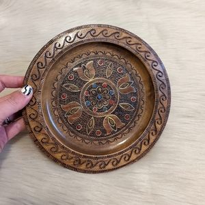 Vintage wooden carved decorative dish with red and blue details
